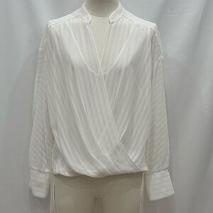 BCBG MaxAzria Elegant White Blouse Size XXS White Long Sleeve Faux Wrap NWOT